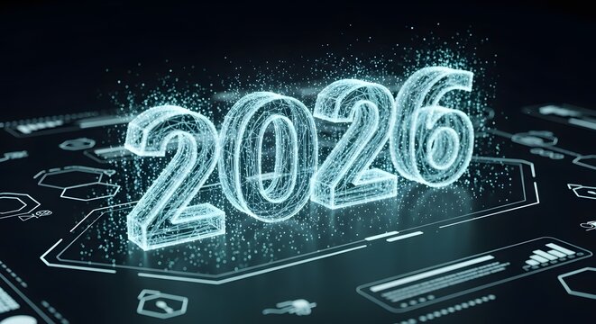 Futuristic 2026 wireframe digital glowing numbers particle data dark background future technology digital data network glow