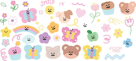 Obraz premium Colorful Doodle Animals – Bear, Dog, Flowers, Smile, Cute Faces, Fun Stickers