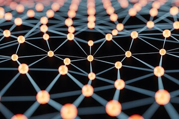 Abstract network with orange spheres connected by light blue lines on black