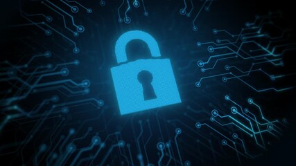 Cyber security concept neon icon. Personal Data Security, Glowing Secure technology icon on black background. Shield lock in futuristic polygonal style cyber protection on the background.  loop 4k   - Powered by Adobe
