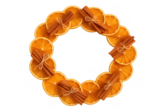 Christmas wreath made of dried orange slices and cinnamon sticks on transparent background - Powered by Adobe