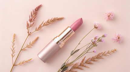 Elegant pink lipstick with natural floral decor and soft background for beauty and makeup inspiration