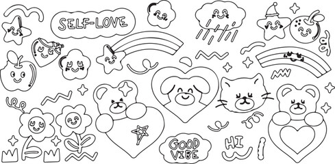 Rainbow and Animal Doodle Pack – Clouds, Bear, Rabbit, Stars, Cartoon, Hand Drawn, Outline, Kawaii Style, Cute Illustration, Kids Clipart, Decorative Vector, Funny Drawing, Playful Pack, Creative Icon