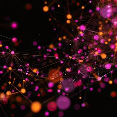 Fototapeta premium Abstract network of glowing pink and orange dots connected by thin lines on a black background