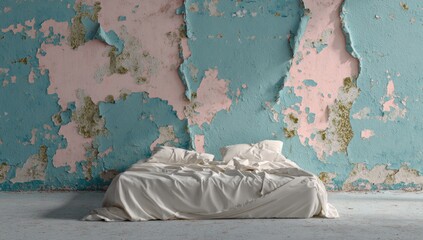 A simple bed in a room with distressed paint