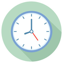 Simple flat design analog clock icon with a long shadow. Vector illustration for time and schedule concepts.