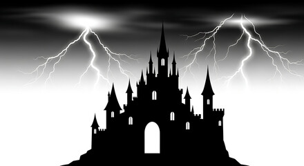 Obraz premium Silhouette of a castle under a stormy sky with lightning strikes in a monochrome illustration ai generated