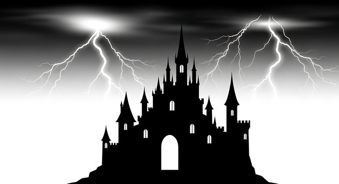 Silhouette of a castle under a stormy sky with lightning strikes in a monochrome illustration ai generated