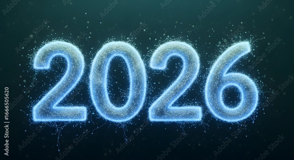 Poster abstract glowing blue 2026 futuristic digital network technology concept year new future innovation 