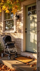 Obraz premium Stroller parked on porch with autumn leaves and green door 