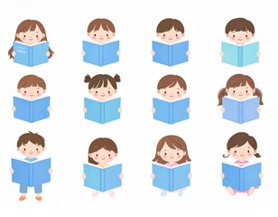 Fototapeta premium A set of Simple flat design icon of a student reading a blue book, clean and minimal style, ideal for education, learning, or school-related themes