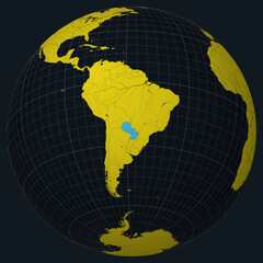 Paraguay on Globe. Country view on the world map in Charcoal Bright Yellow color palette. Paraguay shape on map. Globe with meridians, parallels, countries, rivers and lakes.
