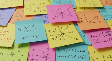 Close-up of sticky notes covered with mathematical equations and geometric diagrams.