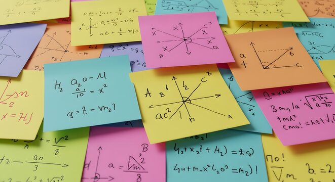 Close-up of sticky notes covered with mathematical equations and geometric diagrams.