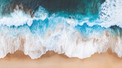 Aerial view of a turquoise coastline with abstract wave patterns and blue tones.