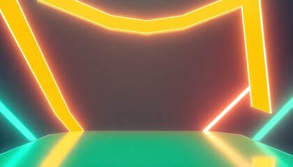 Dynamic abstract background featuring luminous yellow and teal neon lines on a grid-patterned green floor, suitable for technology and event themes.