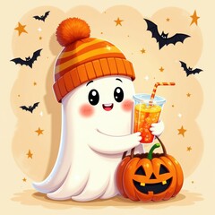 Friendly Halloween Ghost with Pumpkin and Drink