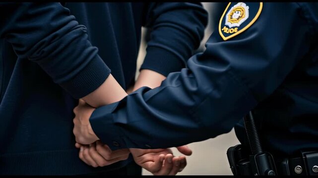 Man under arrest. Rear view of police officer arresting criminal. Justice, law enforcement, and crime concept. Video footage.