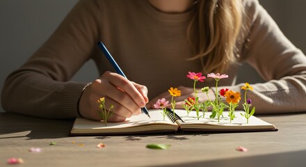 Surreal concept of woman writing in open notebook with blooming colorful flowers growing from pages, symbol of creativity imagination and inspiration