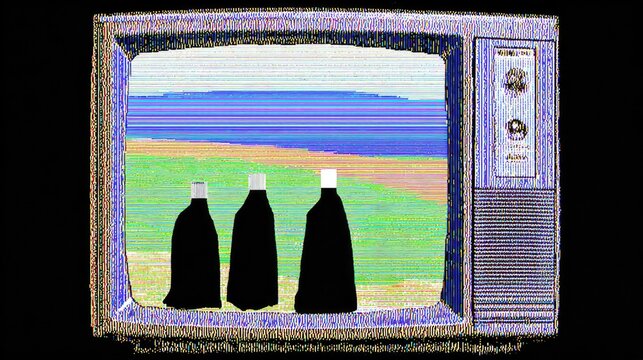 Vintage TV static displaying three figures on a glitched-out seascape