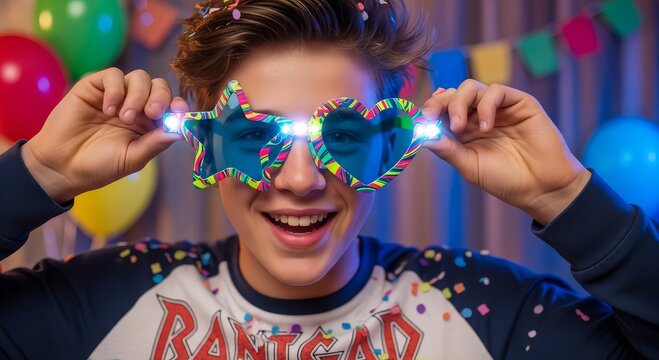 Excited teen celebrates birthday wearing fun light-up glasses at awesome party with balloons and confetti - Powered by Adobe