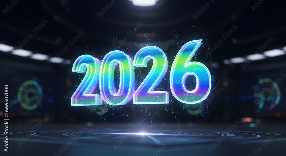 Aufkleber dynamic futuristic 2026 number with vibrant neon particle effect technology future innovation digita