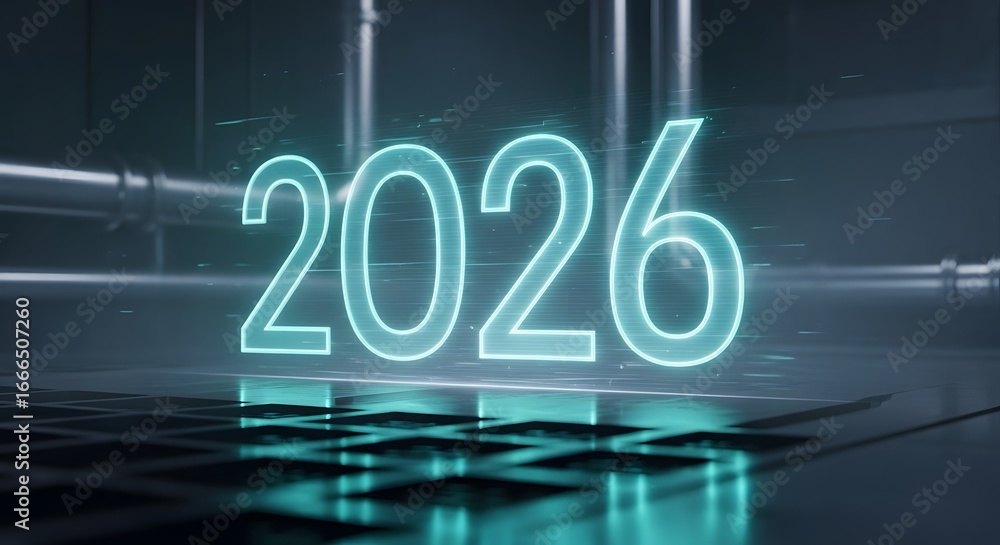 Poster abstract glowing 2026 numbers on futuristic digital grid background future technology innovation new
