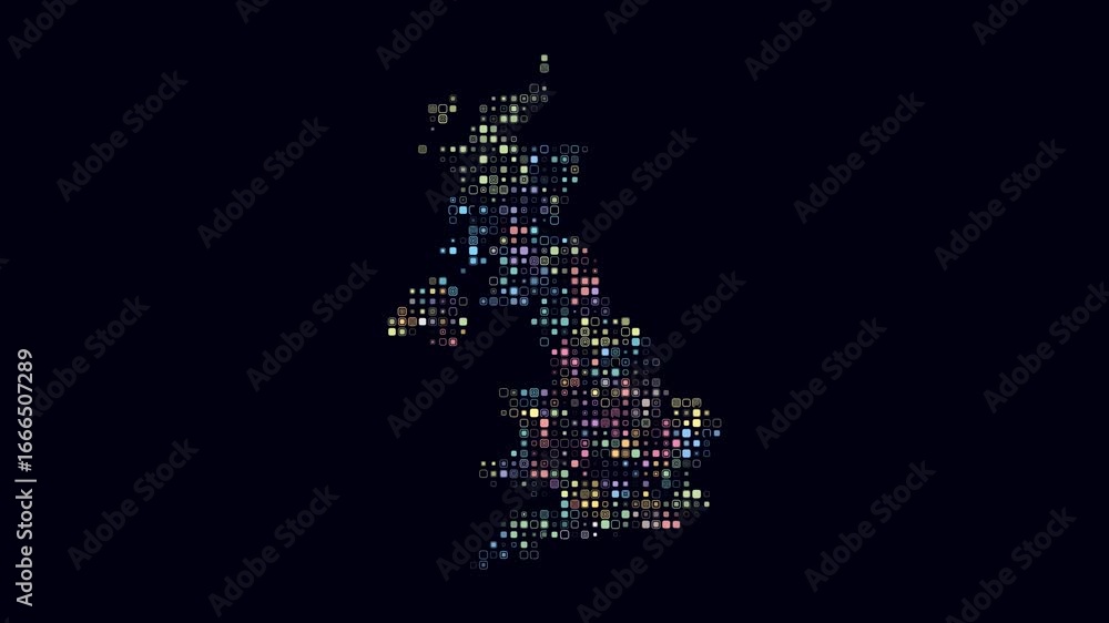 Poster united kingdom map animation. shape of the country with pulsating colored dots. small size rounded s