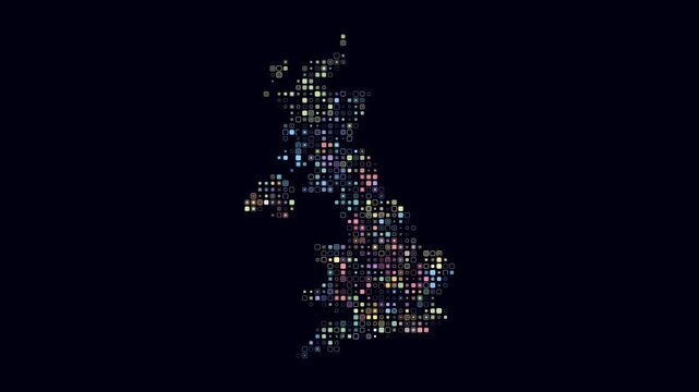 United Kingdom map animation. Shape of the country with pulsating colored dots. Small size rounded square blocks. Digital style United Kingdom map on dark background. Amazing video.