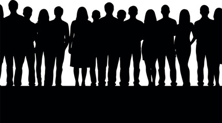 Silhouettes of a diverse group of people standing together in a line, representing community and unity.