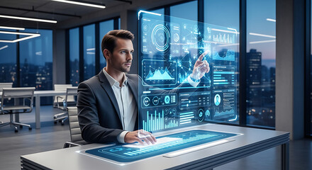 Man in suit interacting with futuristic interface in office setting at night with city view ai generated