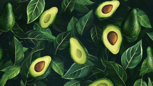 A close up of a green leaf with a green avocado on it. The avocado is cut in half and has a brown spot on it