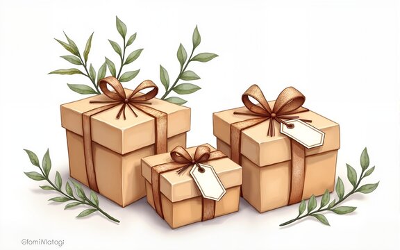 Presents. Vintage packaging. Beautiful gift boxes with bows and tags. Watercolor botanical hand drawn illustration. Kraft paper packaging. High quality