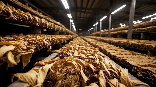 Rows of dried tobacco leaves stacked on wooden racks inside warehouse with industrial lighting showing agricultural production process