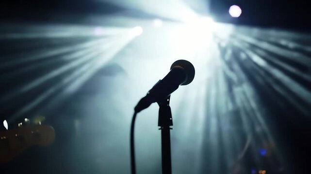 A lone microphone stands ready on a dimly lit stage, bathed in the dramatic glow of bright spotlights and atmospheric haze, awaiting the next vocal performance