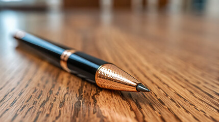 Luxury pen close-up with gold accents on wooden desk surface for writing and office elegance