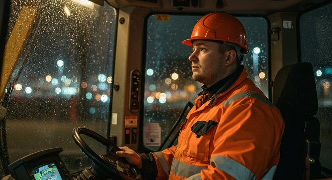 Construction worker in vehicle cabin at night. Raindrops cover the windshield with blurred city lights in the background.