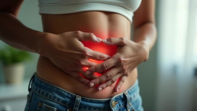 A woman holding her stomach in apparent discomfort and pain