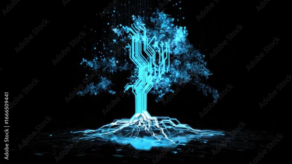 Poster digital tree: a vibrant digital tree glows against a black background, its form crafted from circuit