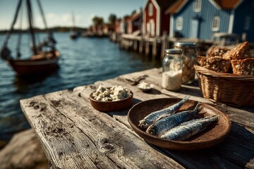 Rustic seafood feast on a wooden dock overlooking a charming waterfront village, perfect for travel