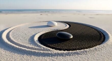 Obraz premium Yin-yang symbol crafted in sand with smooth black and white stones placed at the center, photographed on a serene beach with the sea and horizon in the background.