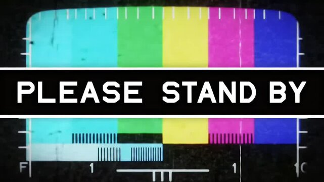 Vintage "Please Stand By" TV Test Pattern with Retro Glitch Effect and Analog Static