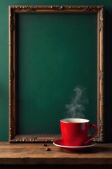 Vintage framed blackboard, steaming coffee in red mug , blackboard, background, winter
