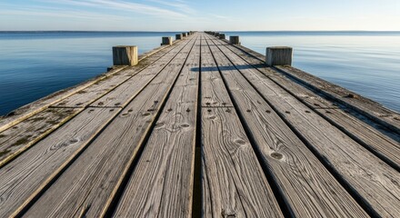 Wooden pier extends over calm water to the horizon under a clear blue sky