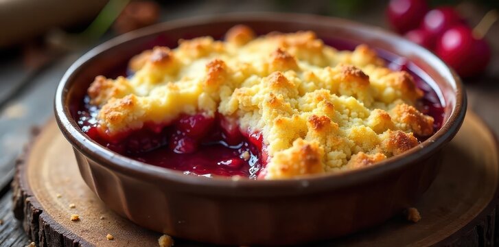 Warm cherry crumble, baked to golden perfection in a rustic dish , sweet, culinary, red berries