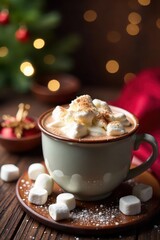Warm cocoa, fluffy marshmallows, festive table , beverage, wooden table, cup