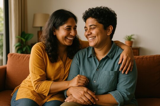 Happy couple embracing joyfully.