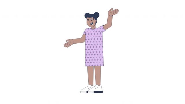 Happy black girl with two space buns and open arms 2D character animation. African american female child in polka-dot dress and sneakers animated person cartoon 4K video isolated on white transparent