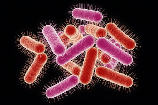 Microscopic view of rod shaped bacteria with pili on a black background