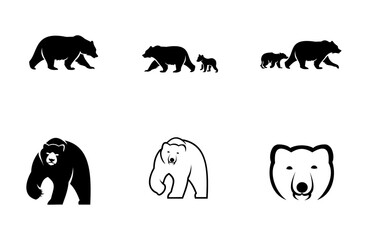 Bear Silhouettes and Line Art Icons Set - Wildlife and Animal Logo Designs